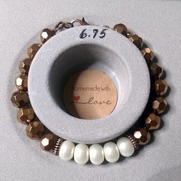 Copper + Faux Stretch Pearls Bracelet! Upscale Boho Contrasts Feminine Trendy - Picture 8 of 10